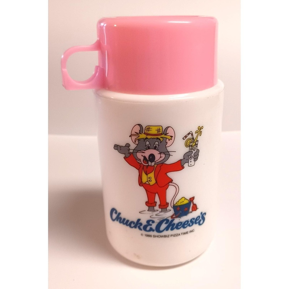 Vintage 1986 Showbiz Pizza Chuck E Cheese Thermos Inj Jen 8 oz Pink Lid Cup
